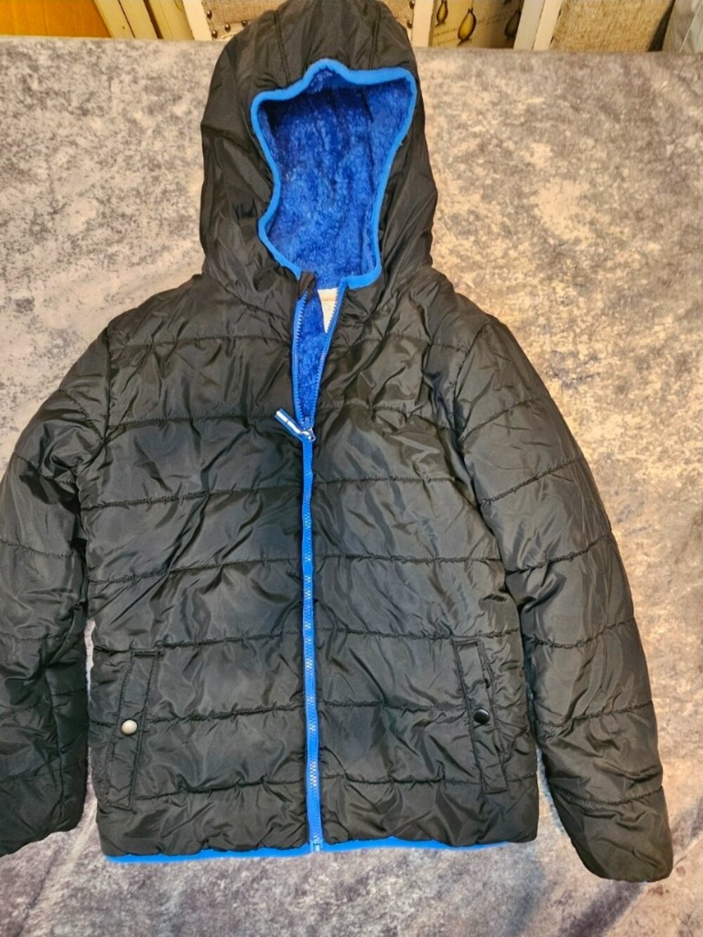 Boy's black Hooded Puffer Jacket with Bright Blue Fleece Lining